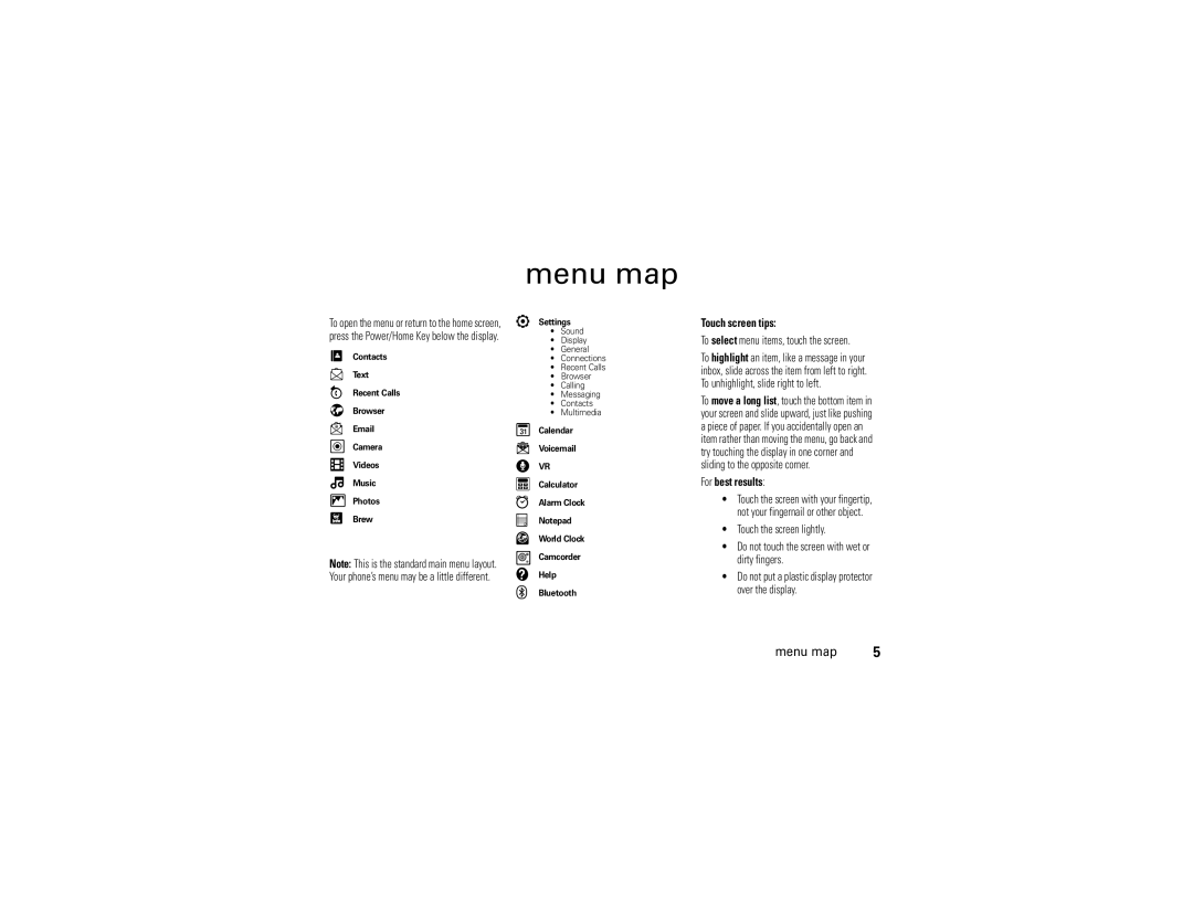 Motorola 68000201338-C manual Menu map, M r l, Touch screen tips, For best results 