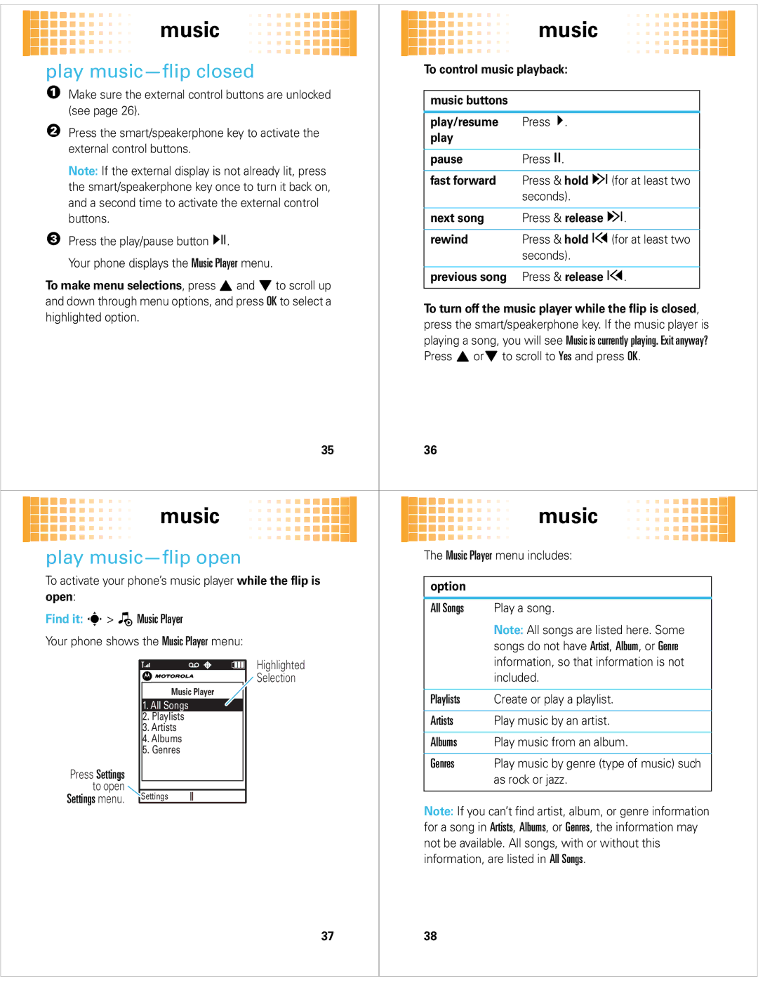 Motorola 68000201472-C quick start Play music-flip closed, Play music-flip open 