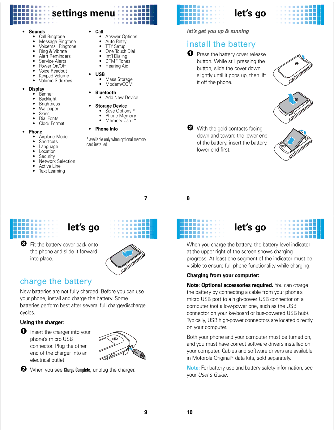 Motorola 68000201472-C quick start Settings menu, Let’s go, Install the battery, Charge the battery 