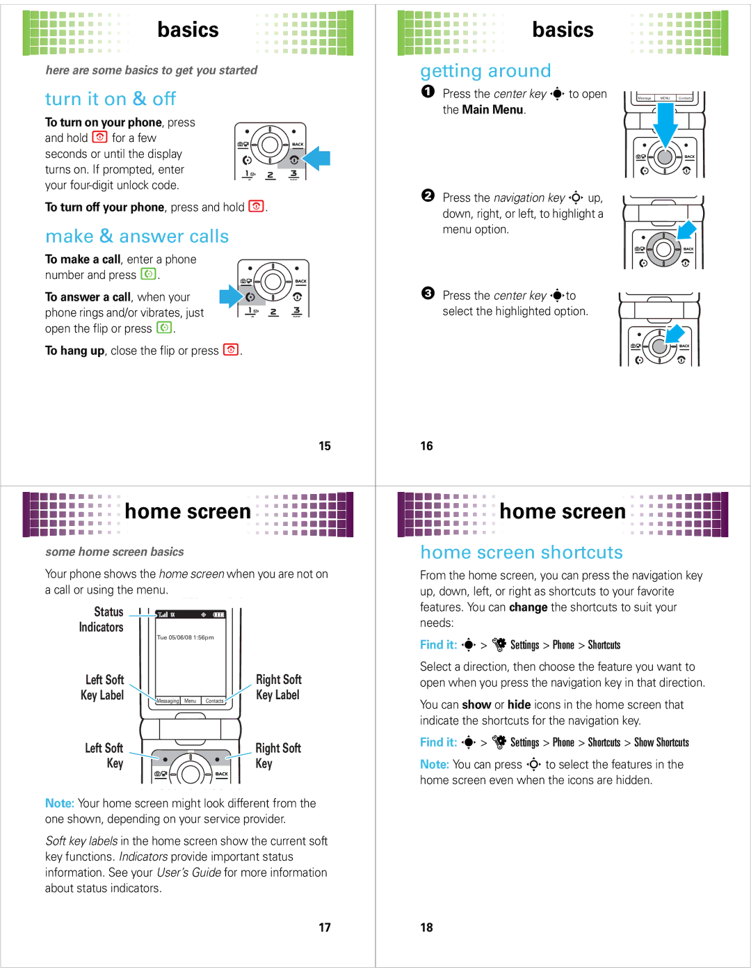 Motorola 68000201472-C quick start Basics, Home screen 