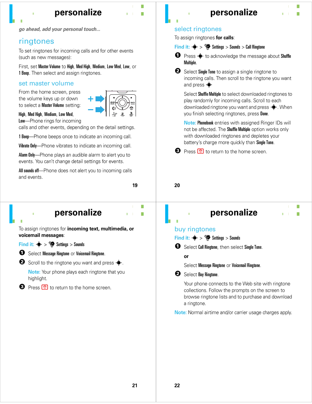 Motorola 68000201472-C Personalize, Ringtones, To assign ringtones for incoming text, multimedia, or, Voicemail messages 