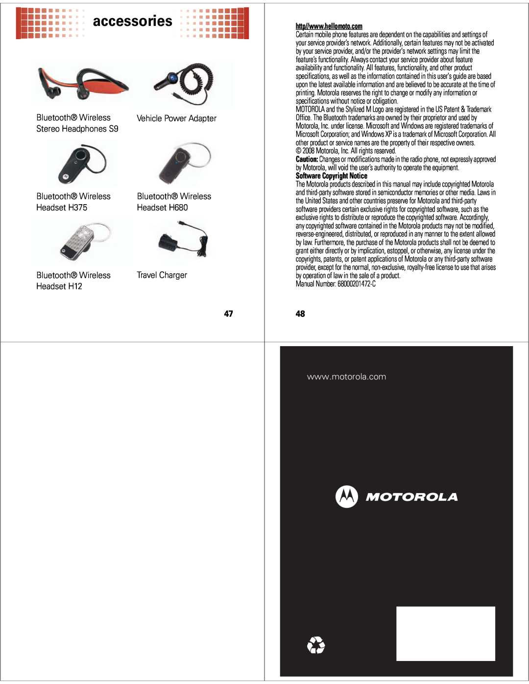 Motorola 68000201472-C accessories, Motorola, Inc. All rights reserved, Software Copyright Notice, Vehicle Power Adapter 