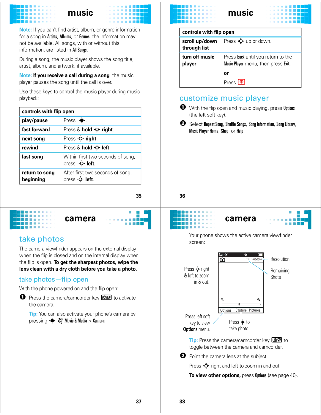 Motorola 68000201627-A manual Camera, Customize music player, Take photos-flip open 