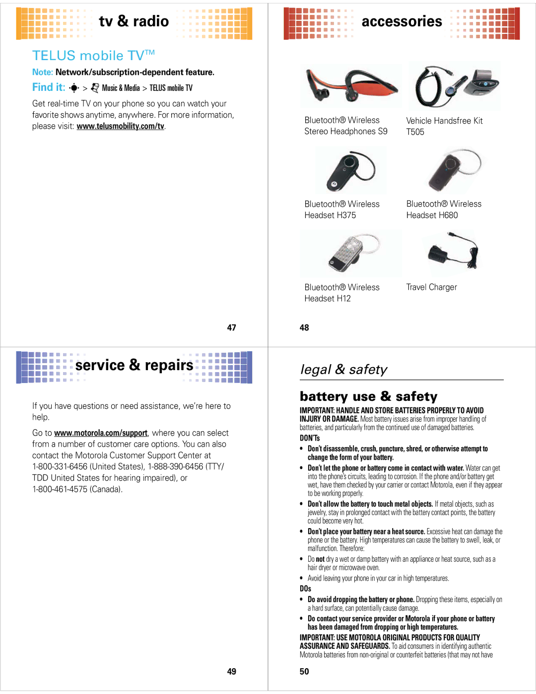 Motorola 68000201627-A manual Tv & radio Accessories, Service & repairs, Telus mobile TV TM, Battery use & safety 