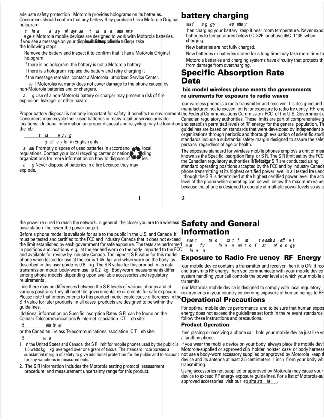 Motorola 68000201627-A manual Battery charging, Specific Absorption Rate, Data, Safety and General, Information 