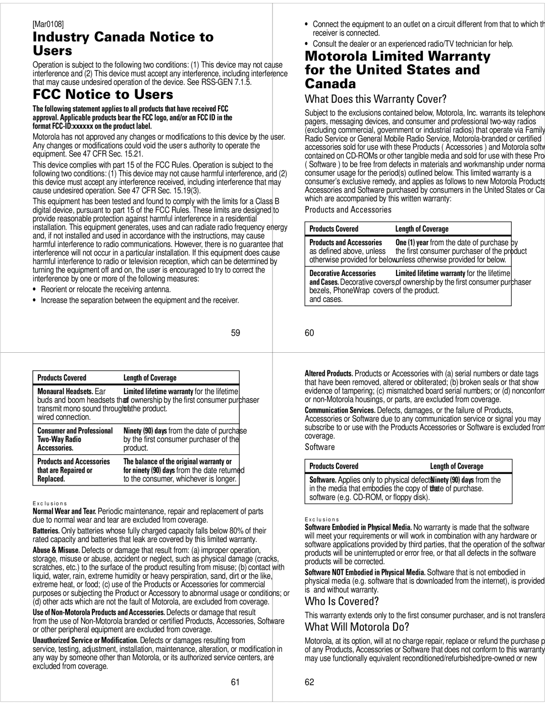 Motorola 68000201627-A manual Industry Canada Notice to, Users Motorola Limited Warranty, For the United States 