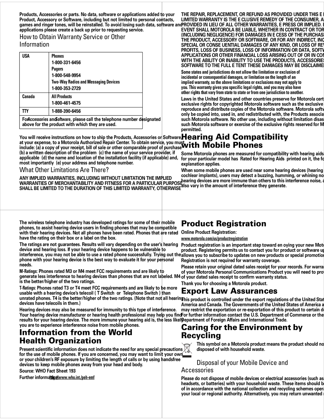 Motorola 68000201627-A manual Hearing Aid Compatibility, With Mobile Phones, Product Registration, Export Law Assurances 