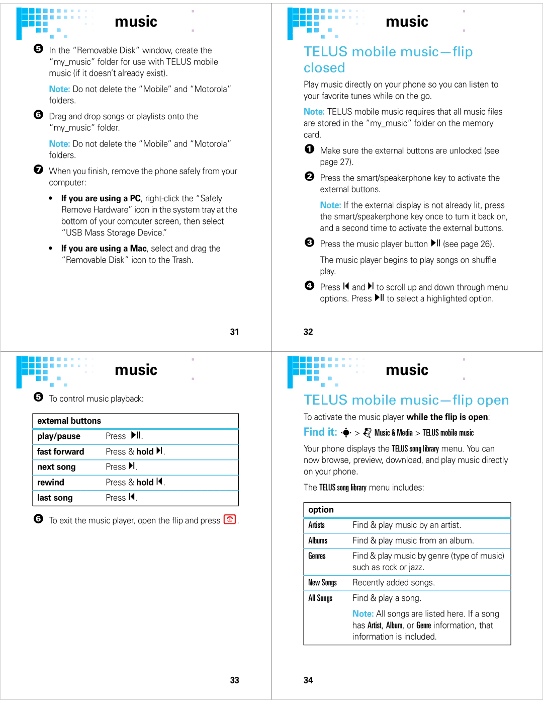 Motorola 68000201627-A manual Closed, Telus mobile music-flip open 