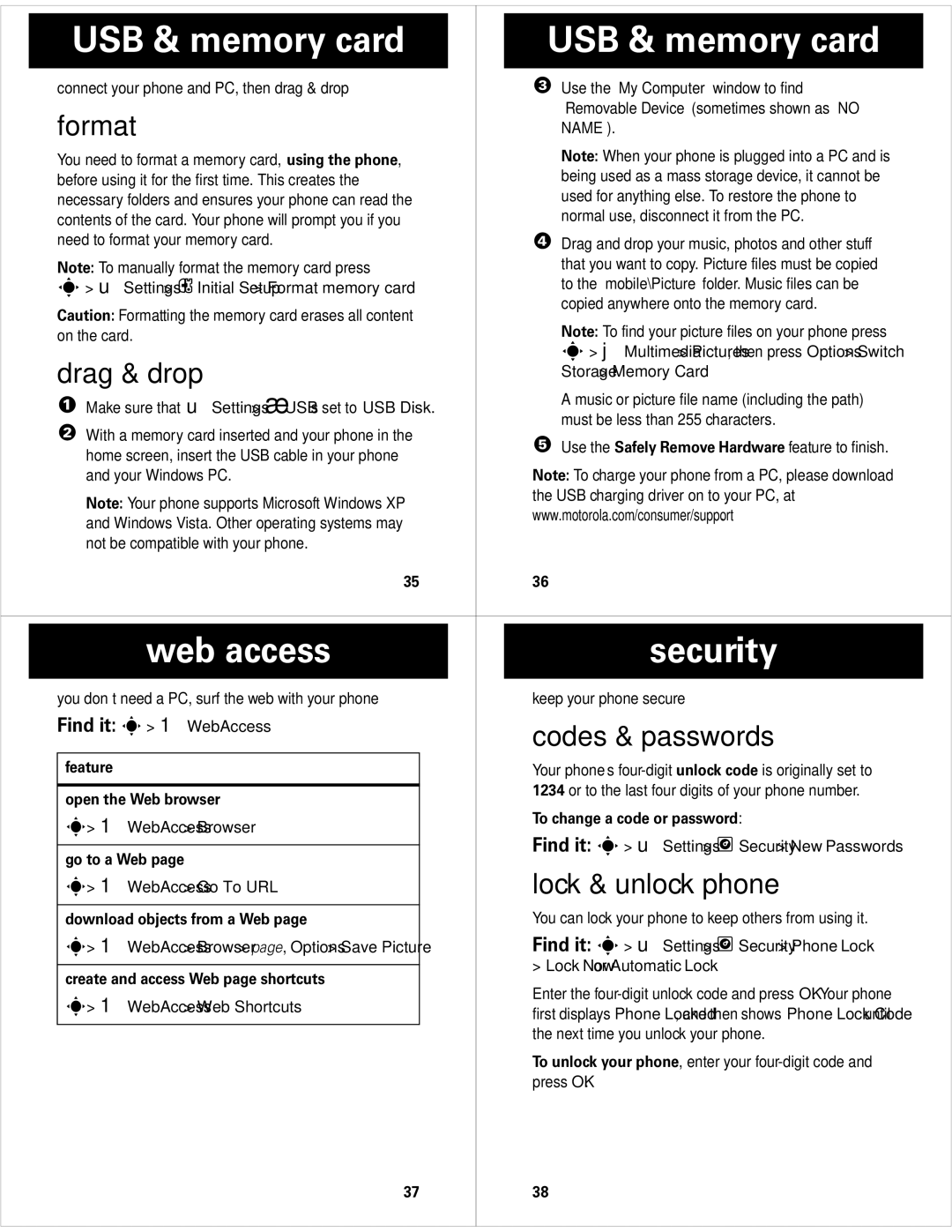 Motorola 68000201702-B manual USB & memory card, Web access Security 