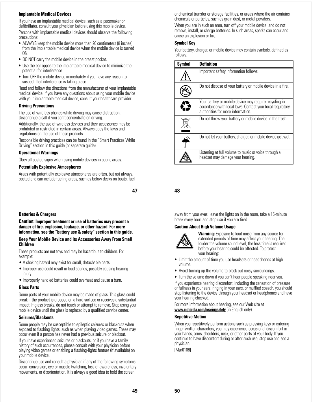 Motorola 68000201702-B Implantable Medical Devices, Symbol Definition, Driving Precautions, Operational Warnings, Children 