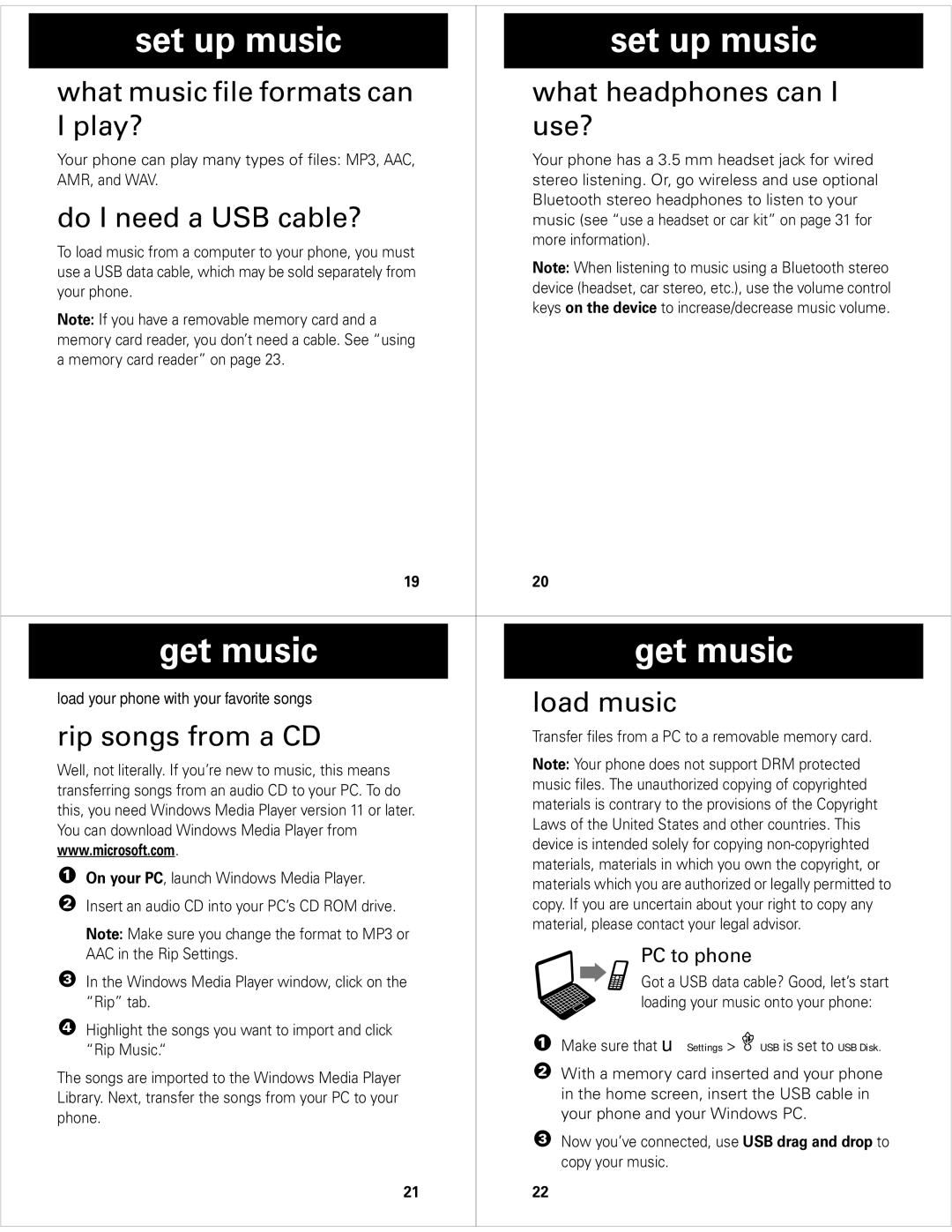 Motorola 68000201702-B manual Get music, What music file formats can What headphones can Play? Use?, Do I need a USB cable? 