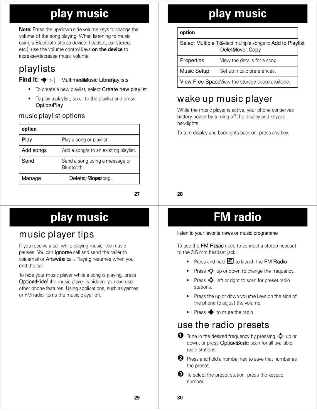 Motorola 68000201702-B Play music FM radio, Playlists, Wake up music player, Music player tips, Use the radio presets 