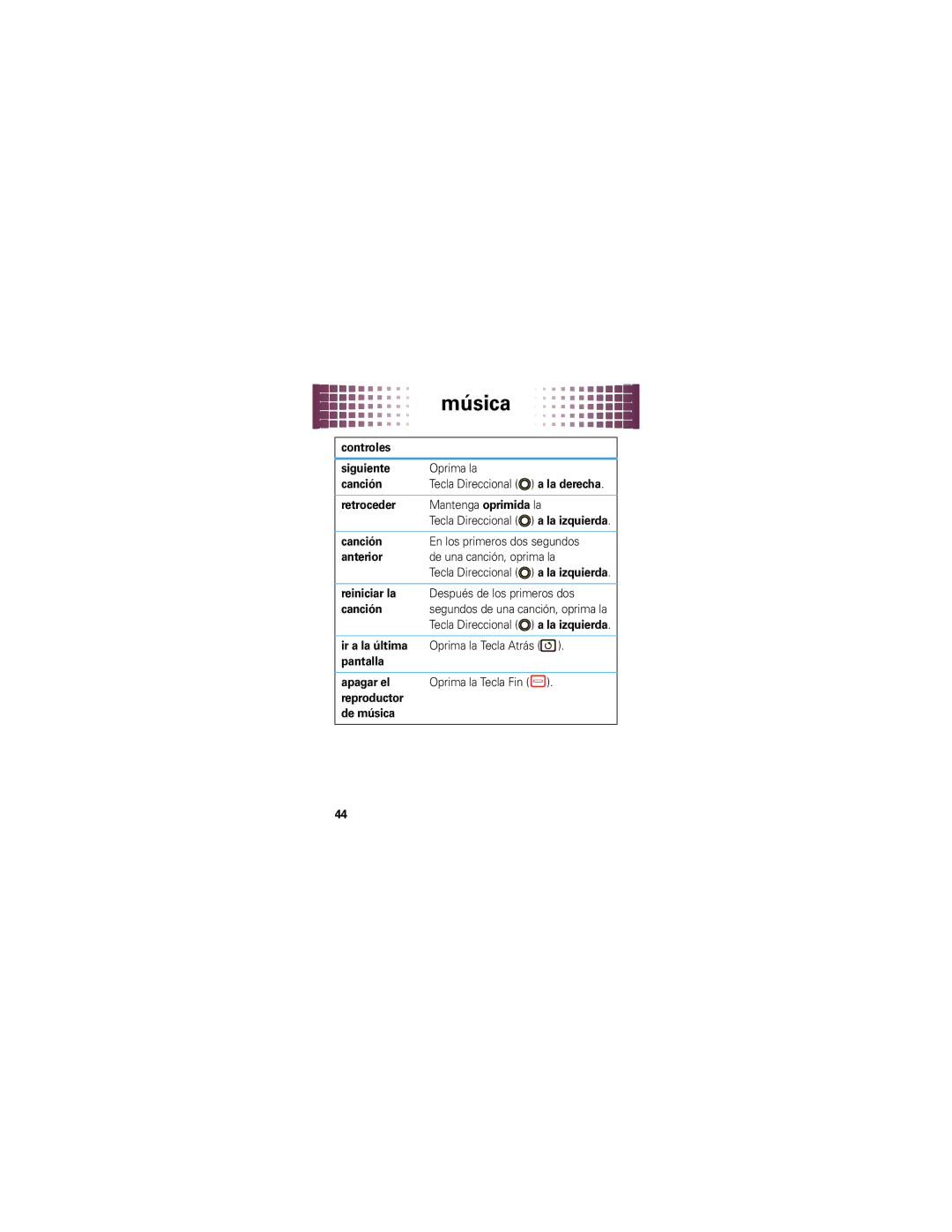 Motorola 68000201953-B manual Controles Siguiente, Canción, Retroceder Mantenga oprimida la, Anterior, De música 