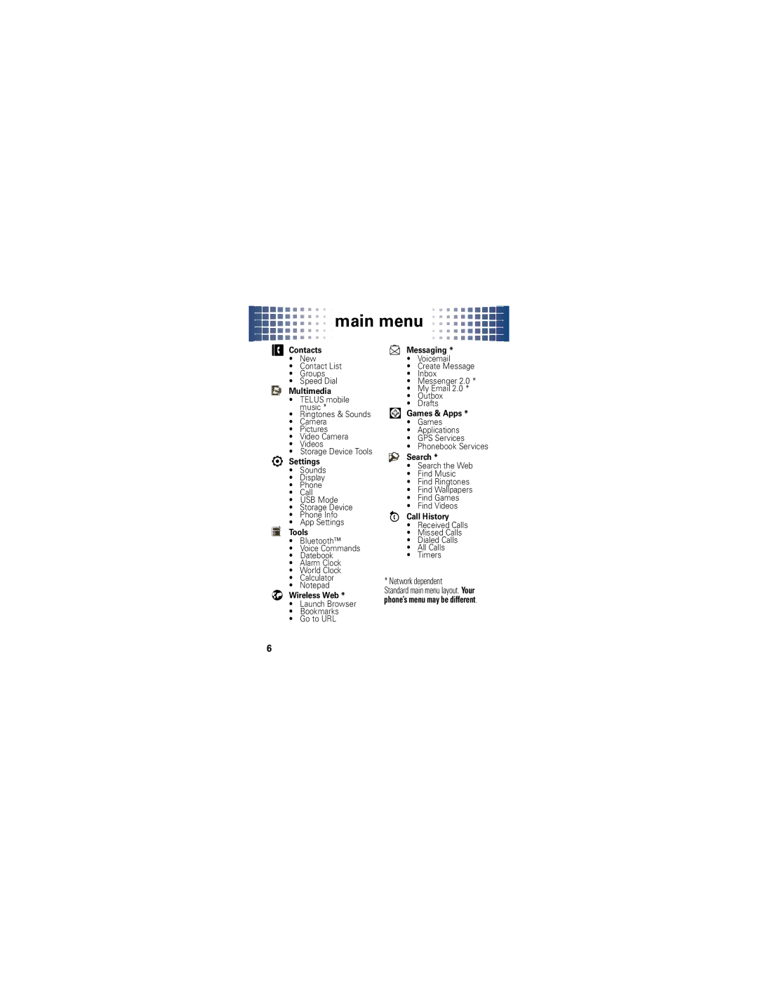 Motorola 68000202245-A manual Main menu, Network dependent 