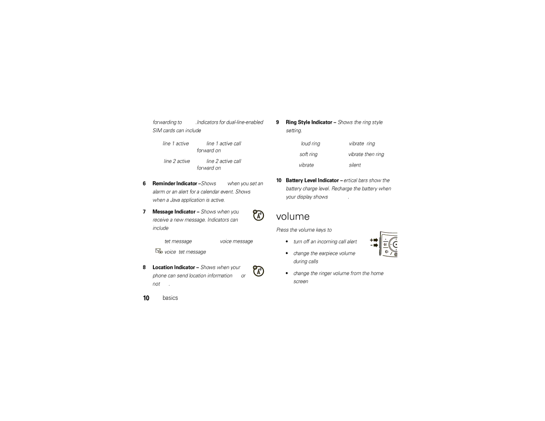 Motorola 68000202467-A manual Volume, When a Java application is active, Text message Voice message Voice & text message 