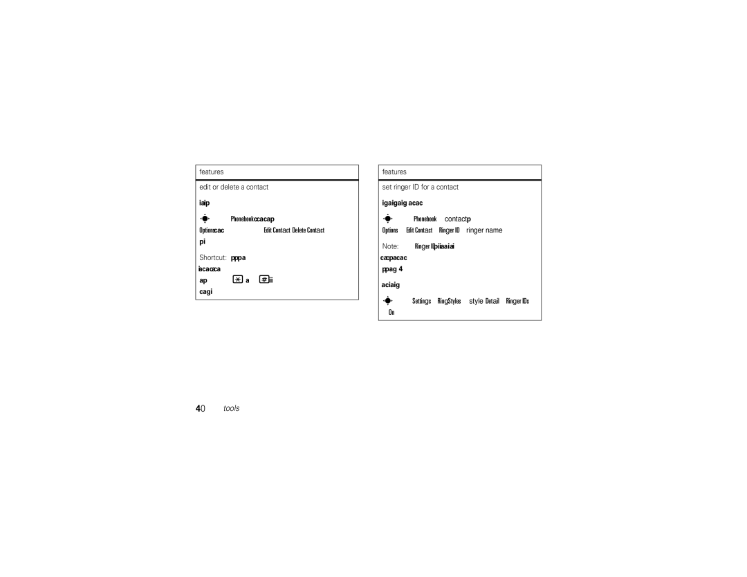 Motorola 68000202467-A manual Settings Ring Styles style Detail Ringer IDs Tools, Features Edit or delete a contact 