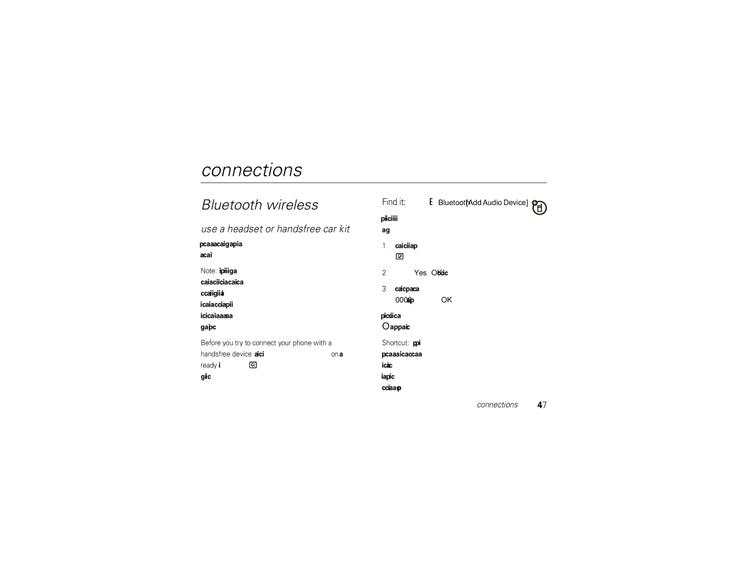 Motorola 68000202467-A manual Connections, Bluetooth wireless, Use a headset or handsfree car kit 