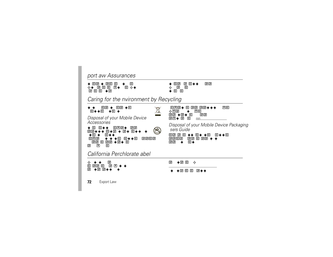 Motorola 68000202467-A manual Export Law Assurances, Caring for the Environment by Recycling, California Perchlorate Label 