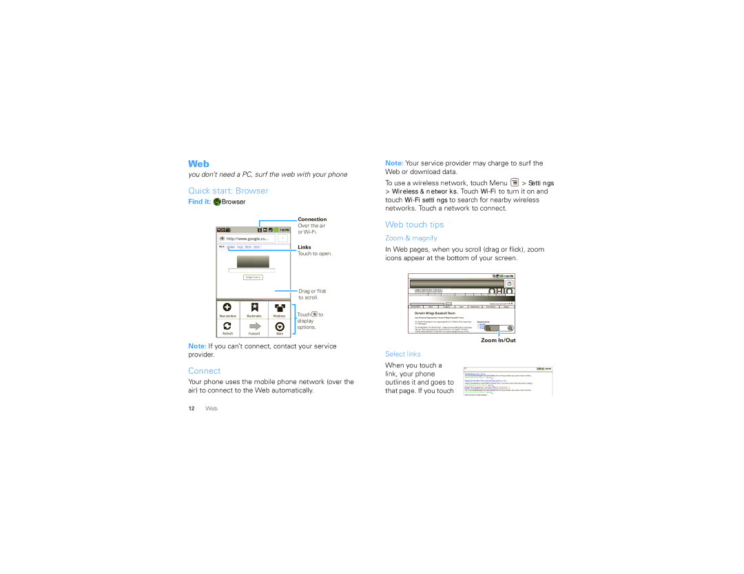Motorola 68000202474-C manual Quick start Browser, Web touch tips, Connect, Find it Browser 