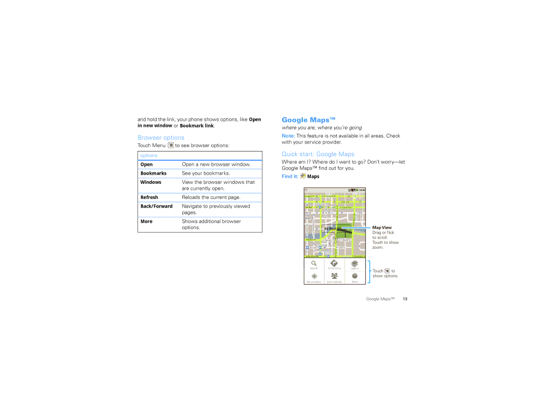 Motorola 68000202474-C manual Browser options, Quick start Google Maps, Options, Find it Maps 