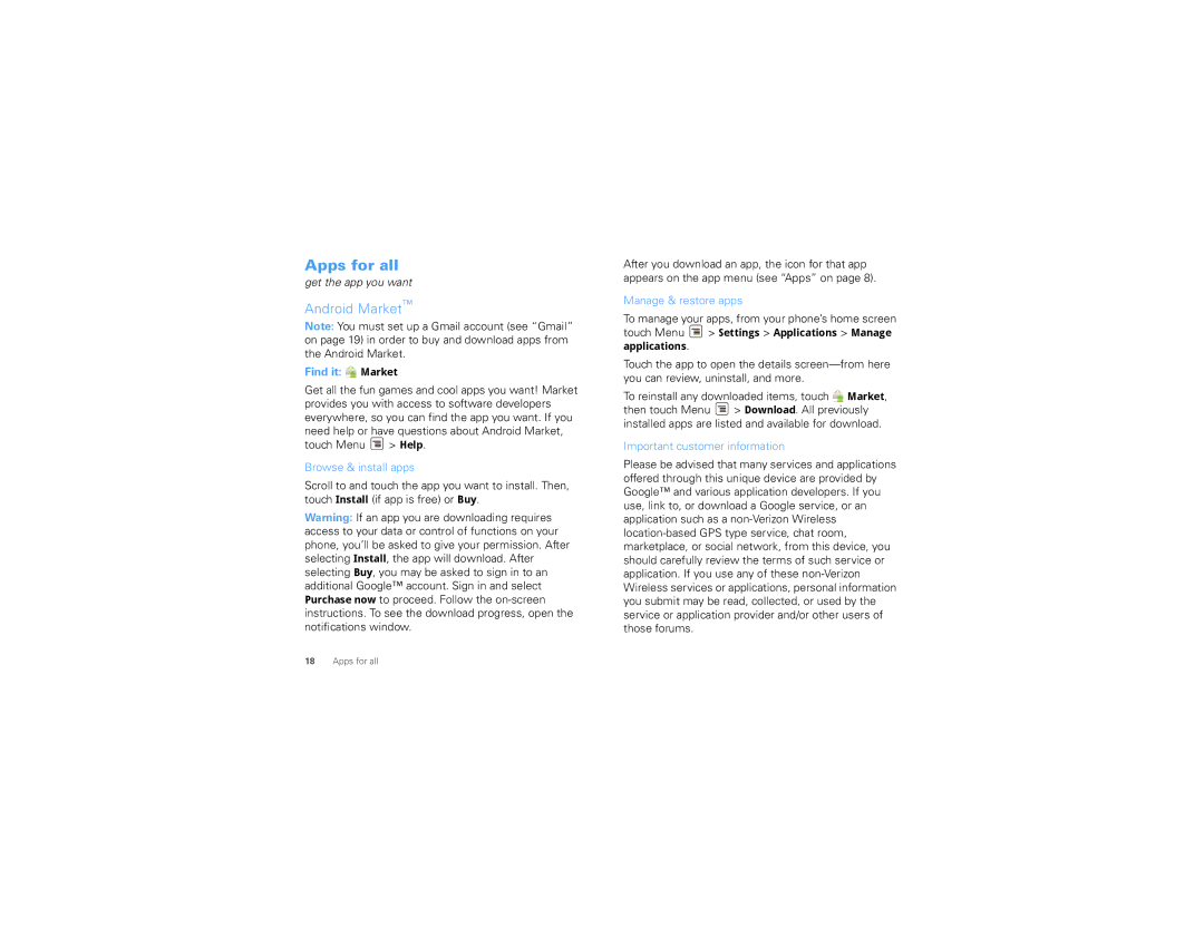 Motorola 68000202474-C manual Apps for all, Android Market, Find it Market 