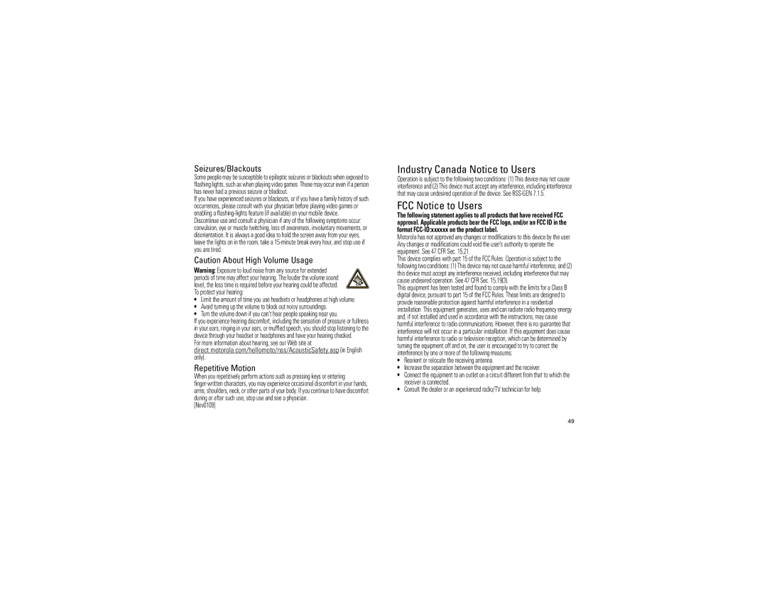 Motorola 68000202474-C manual Industry Canada Notice to Users, FCC Notice to Users, Seizures/Blackouts, Repetitive Motion 