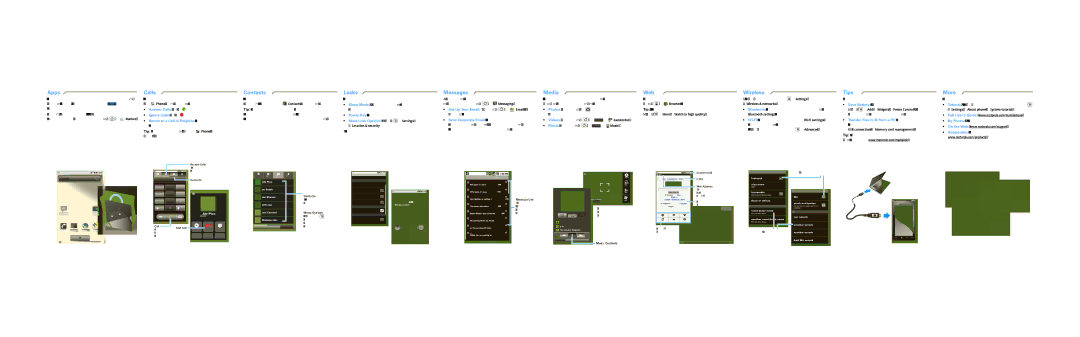 Motorola 68000202481-A manual Apps, Calls, Contacts, Locks, Messages Media Web Wireless, Tips, More 
