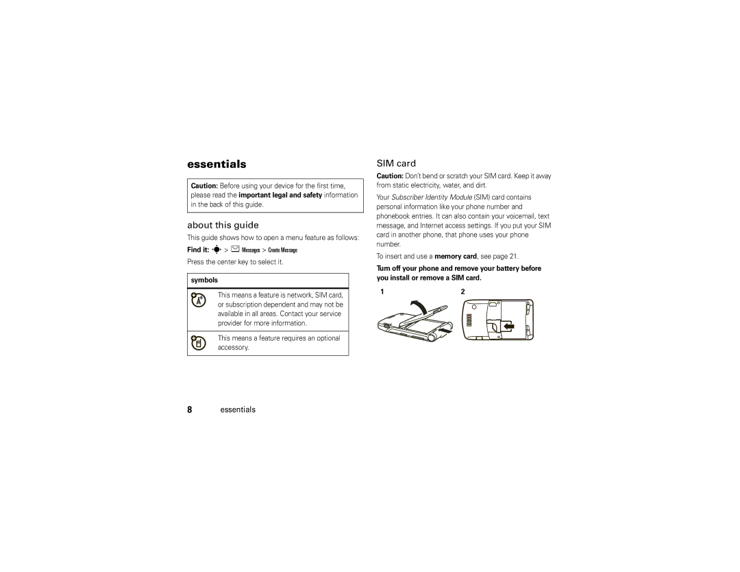 Motorola 68000202560-A manual Essentials, About this guide, SIM card, Symbols 