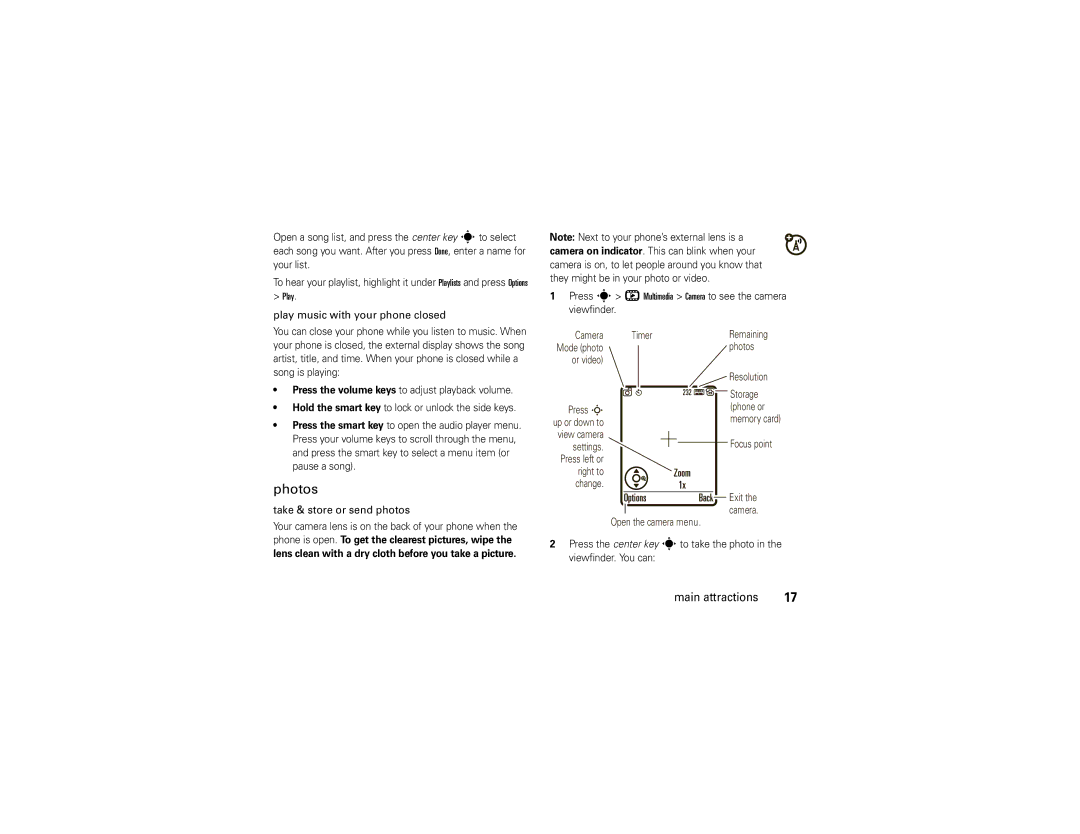 Motorola 68000202560-A manual Photos, Take & store or send photos, Lens clean with a dry cloth before you take a picture 