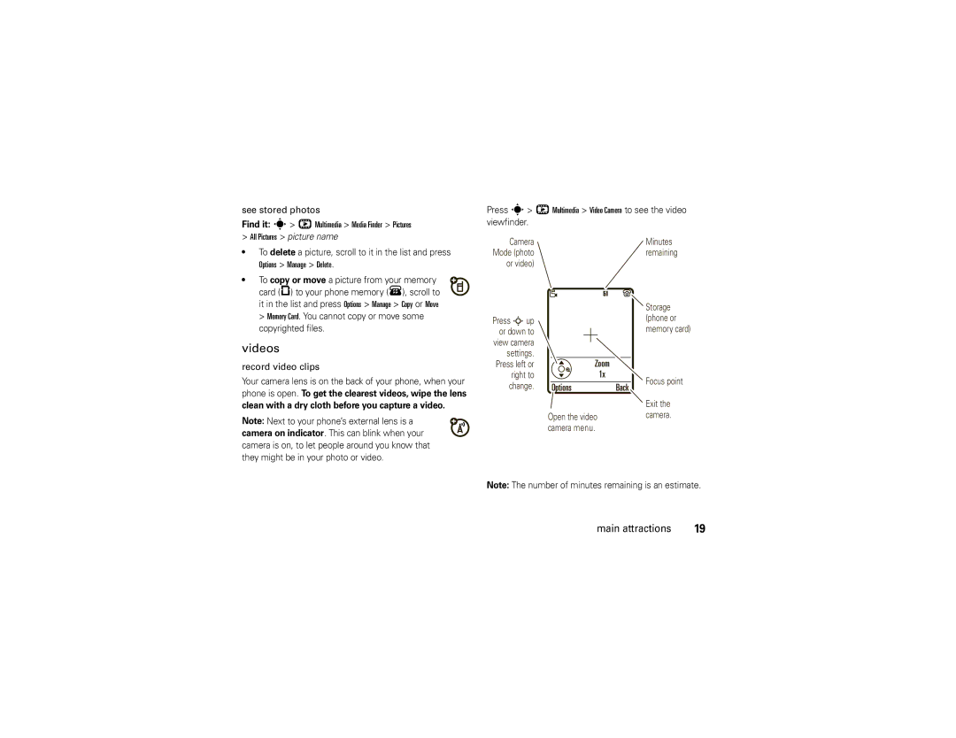 Motorola 68000202560-A manual Videos, See stored photos, Memory Card. You cannot copy or move some copyrighted files 