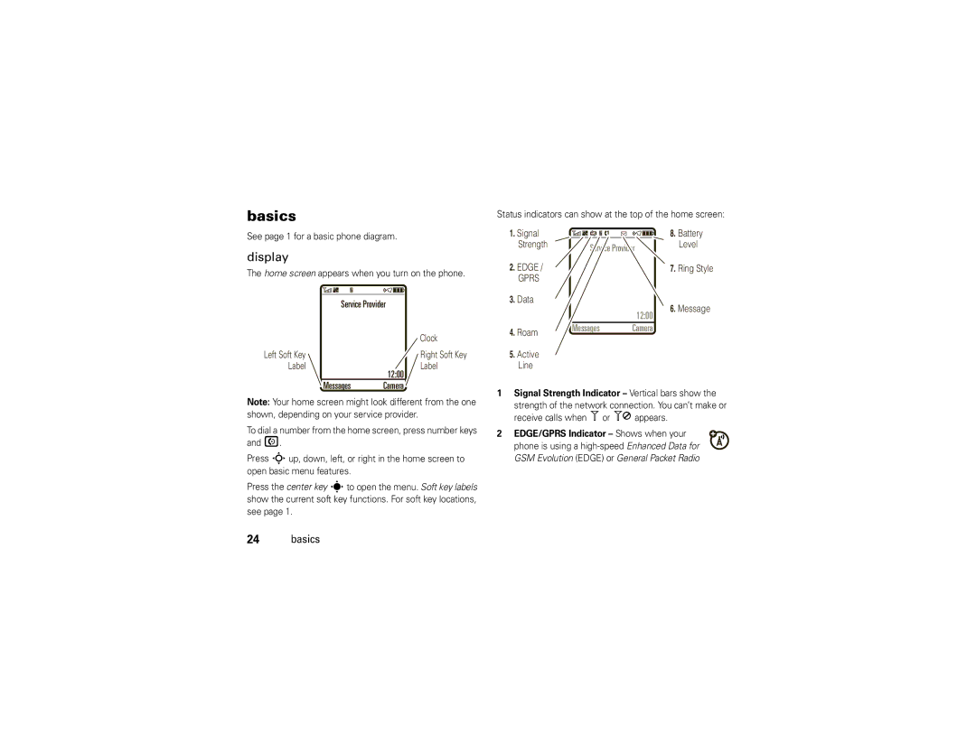 Motorola 68000202560-A manual Basics, Display, Home screen appears when you turn on the phone 