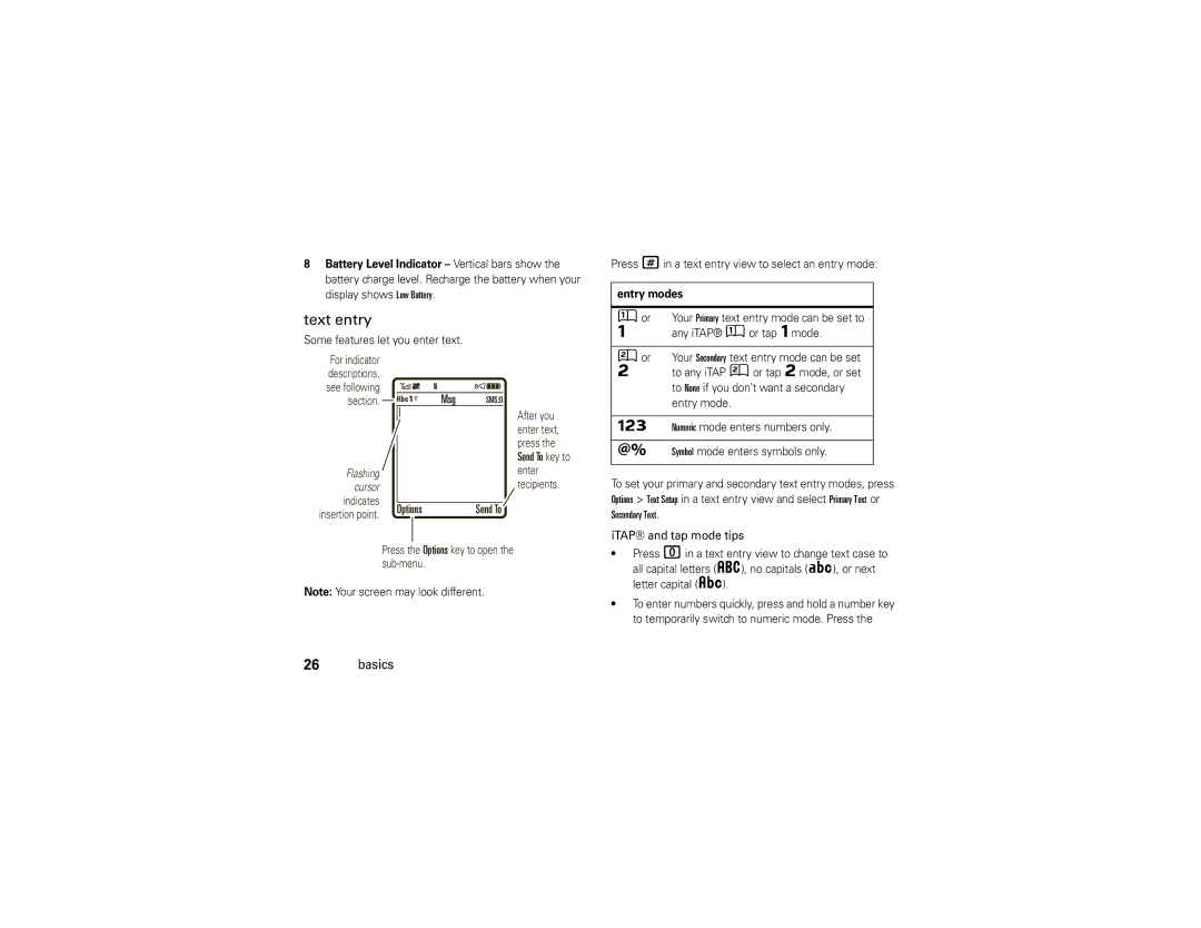 Motorola 68000202560-A manual Text entry, Press #in a text entry view to select an entry mode, Entry modes 