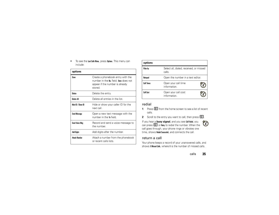 Motorola 68000202560-A manual Redial, Return a call 