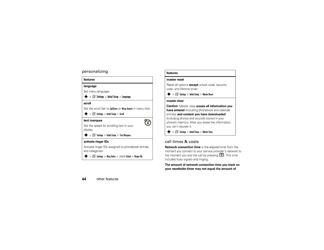 Motorola 68000202560-A manual Personalizing, Call times & costs 