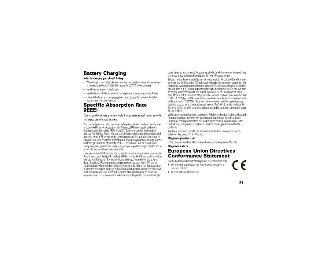 Motorola 68000202560-A Battery Charging, Specific Absorption Rate Ieee, European Union Directives Conformance Statement 