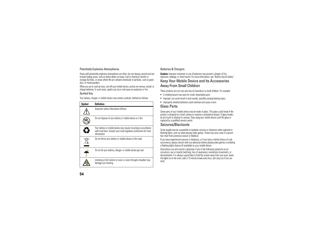 Motorola 68000202560-A manual Glass Parts, Seizures/Blackouts, Potentially Explosive Atmospheres, Symbol Key 