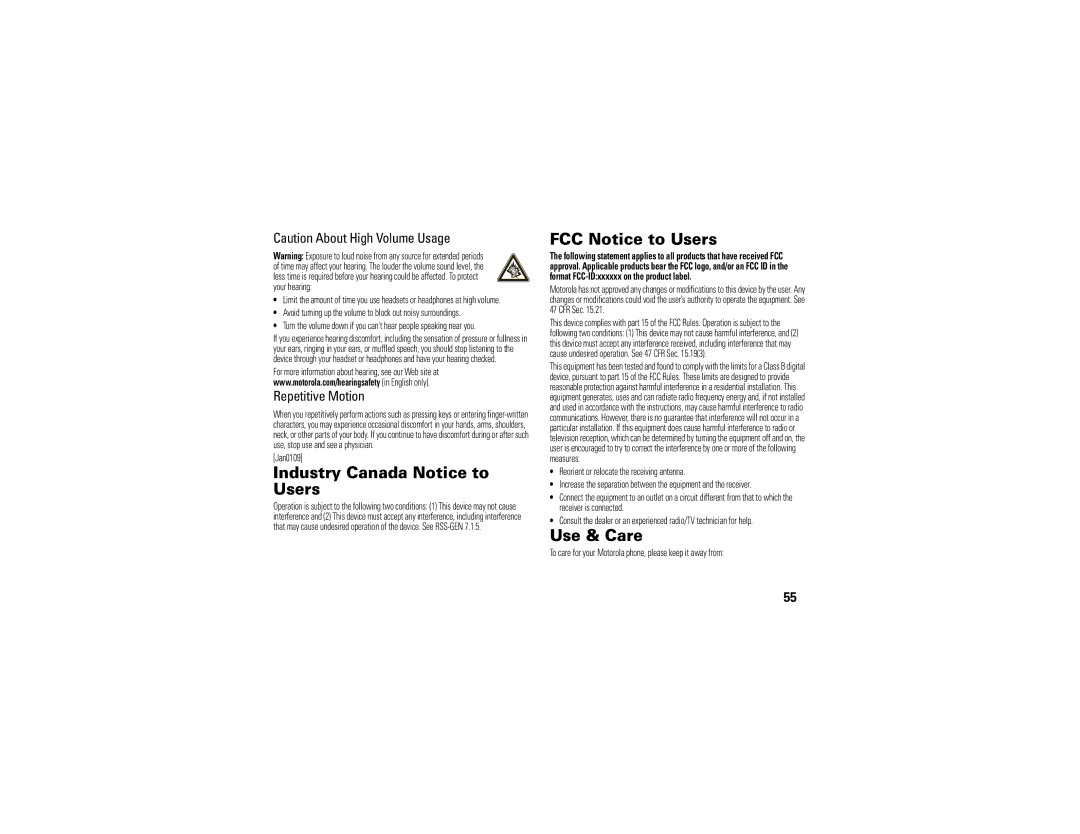 Motorola 68000202560-A manual Industry Canada Notice to Users, FCC Notice to Users, Use & Care, Repetitive Motion 