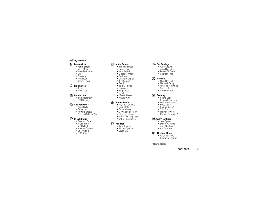 Motorola 68000202560-A manual Settings menu, Initial Setup Car Settings 