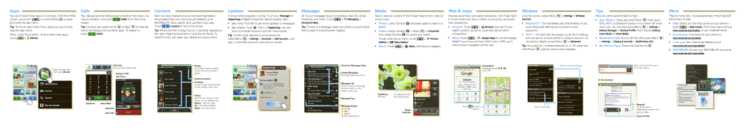 Motorola 68000202643-A manual Apps, Calls, Contacts, Updates, Messages, Media, Web & maps, Wireless, Tips, More 