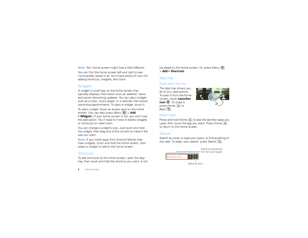Motorola 68000202880-A manual Widgets, App tray, Search, Add Shortcuts 