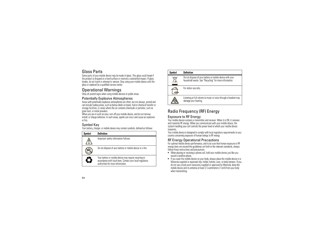 Motorola 68000202880-A manual Glass Parts, Operational Warnings, Radio Frequency RF Energy 