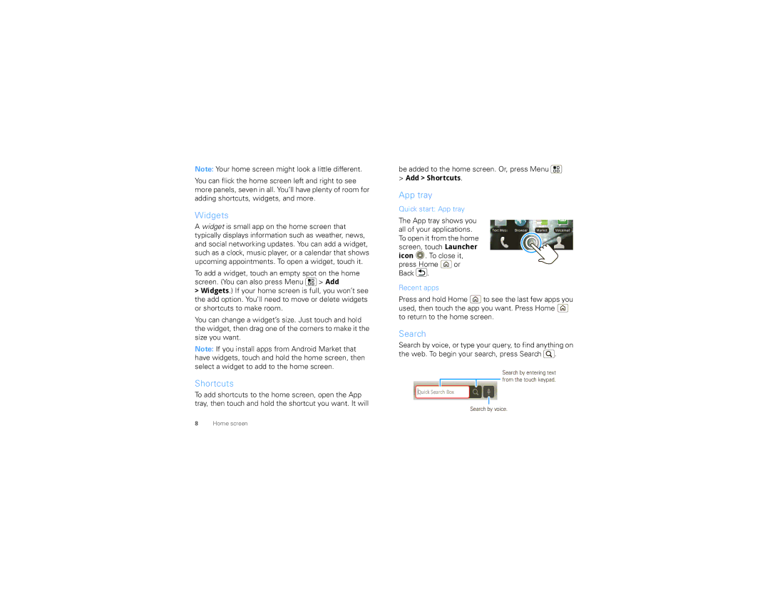 Motorola 68000202880-B manual Widgets, App tray, Search, Add Shortcuts 