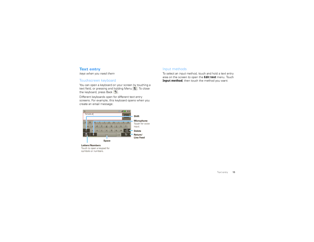 Motorola 68000202880-B manual Text entry, Touchscreen keyboard, Input methods 