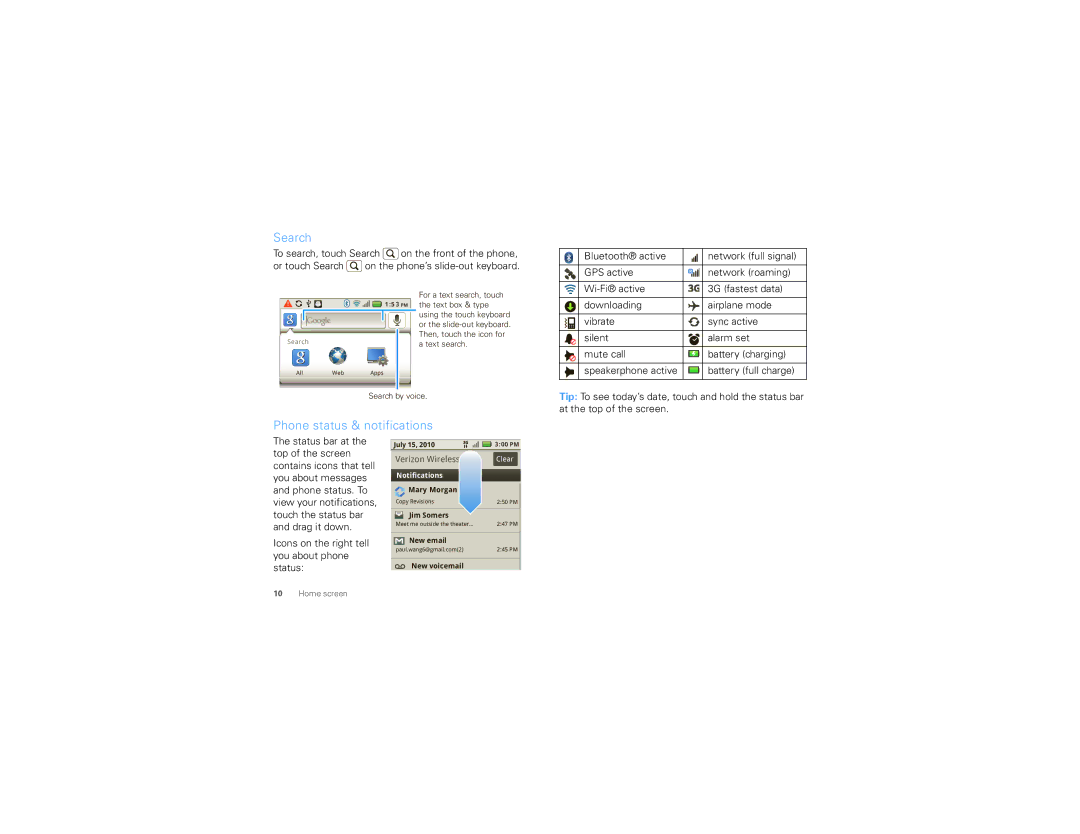 Motorola 68000202881-A manual Search, Phone status & notifications, Icons on the right tell you about phone status 