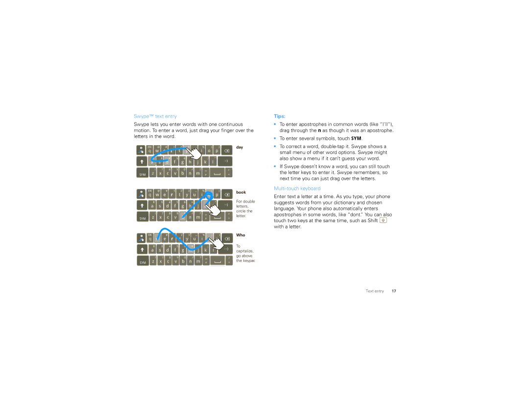 Motorola 68000202881-A manual Swype text entry, To enter several symbols, touch SYM, Multi-touch keyboard 