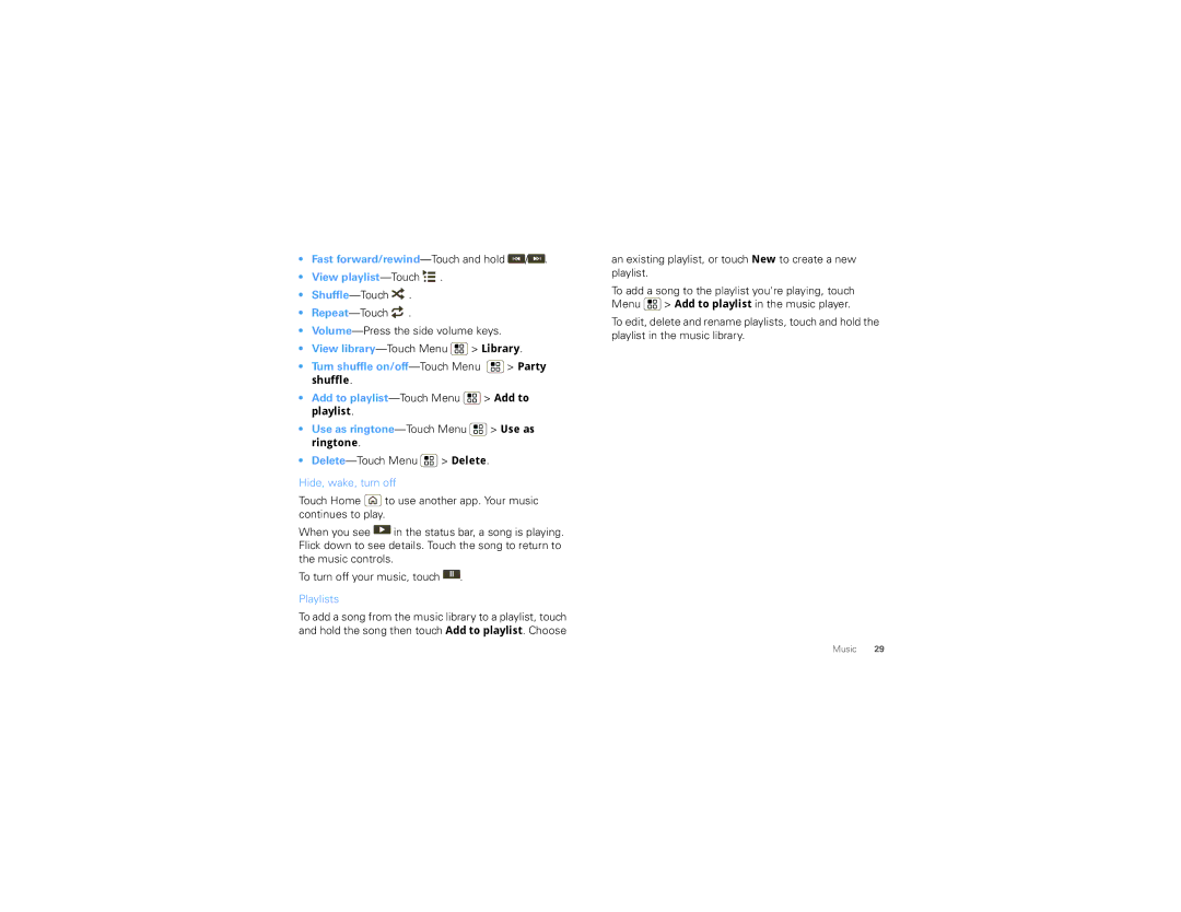 Motorola 68000202881-A manual Delete-Touch Menu Delete, Hide, wake, turn off, Playlists 