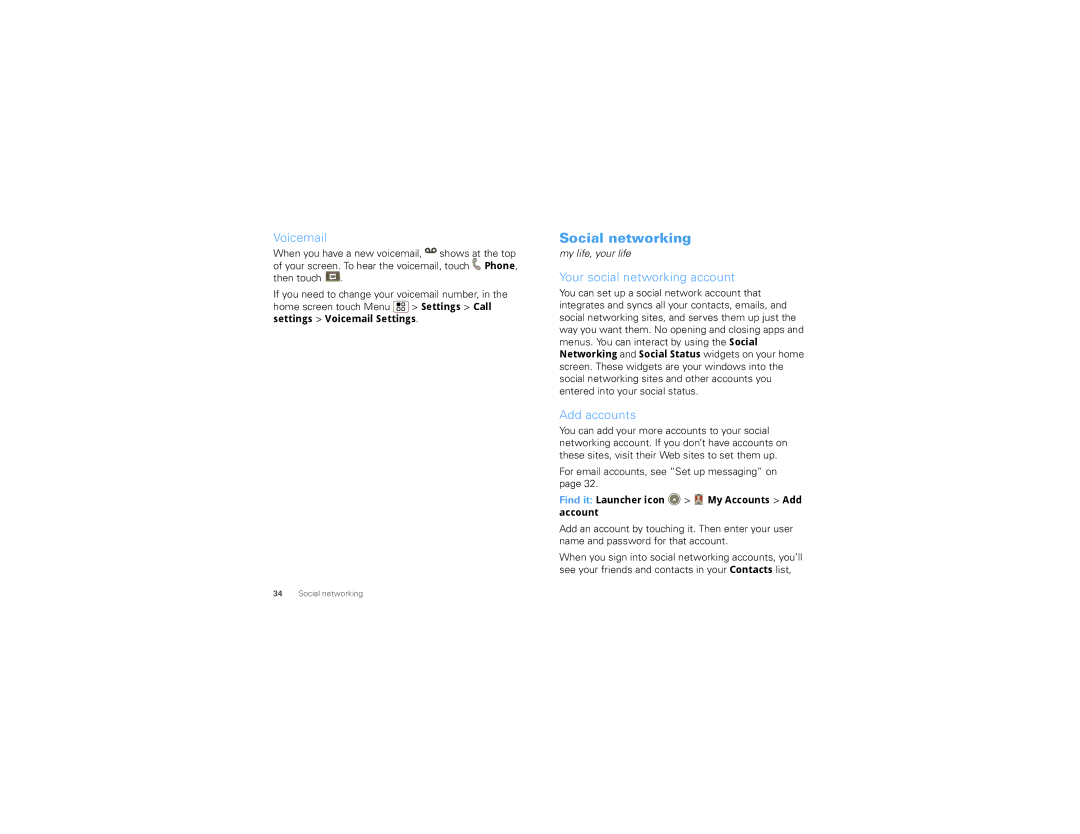 Motorola 68000202881-A manual Social networking, Voicemail, Your social networking account, Add accounts 