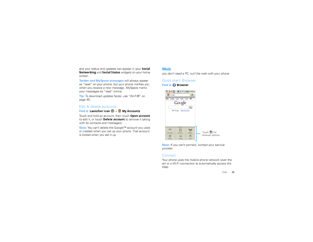 Motorola 68000202881-A manual Web, Edit & delete accounts, Quick start Browser, Connect, Find it Launcher icon My Accounts 