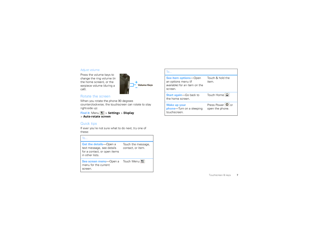Motorola 68000202881-A Rotate the screen, Quick tips, Adjust volume, Find it Menu Settings Display Auto-rotate screen 