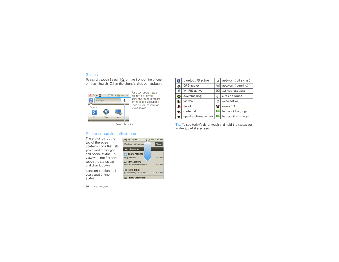 Motorola 68000202881-B 66 manual Search, Phone status & notifications 